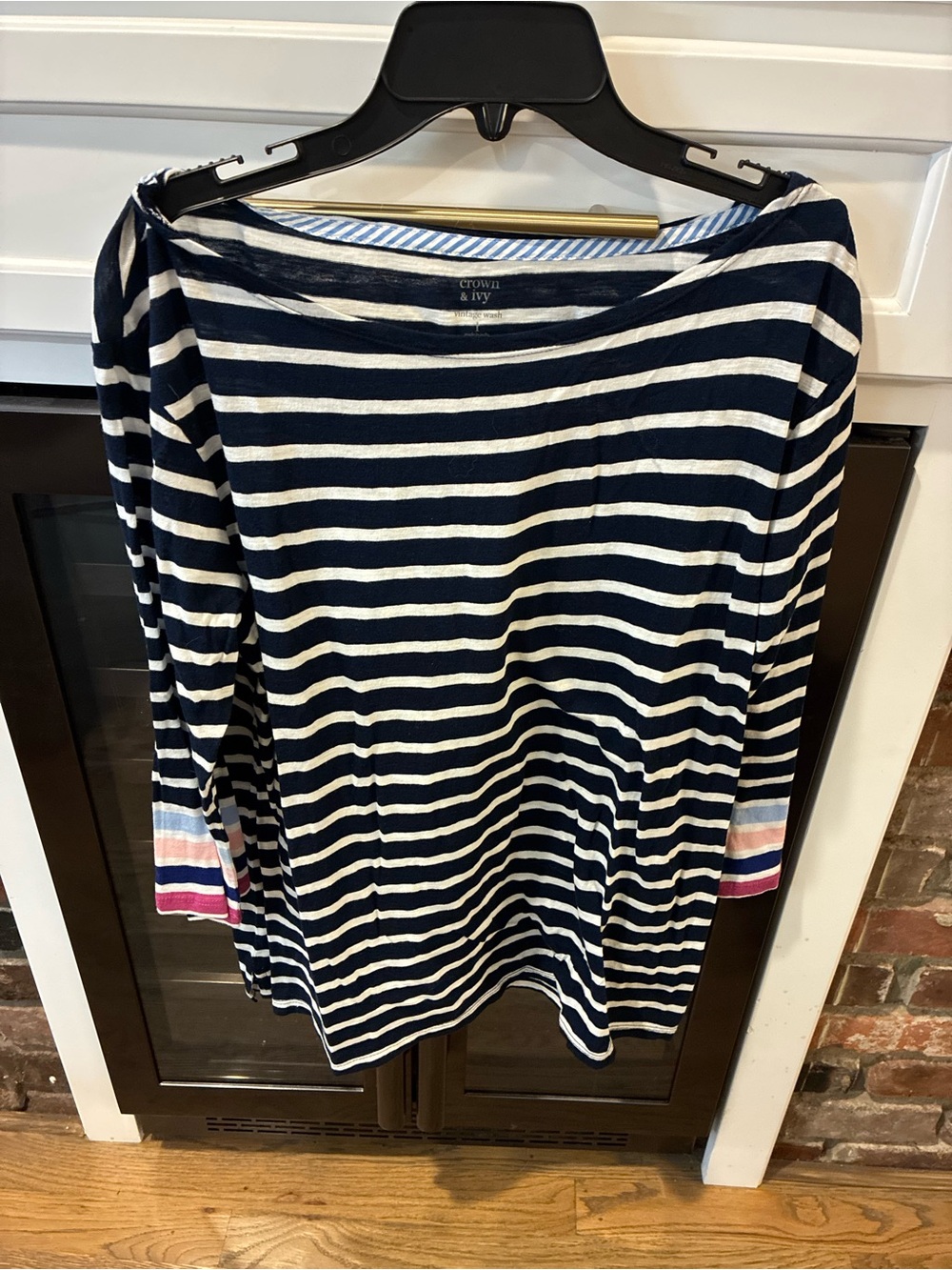 crown & ivy Navy and White Striped Long Sleeve Top with Pink Accent Cuffs